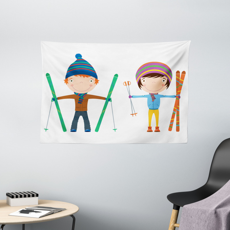 Boy and Girl Skis Wide Tapestry