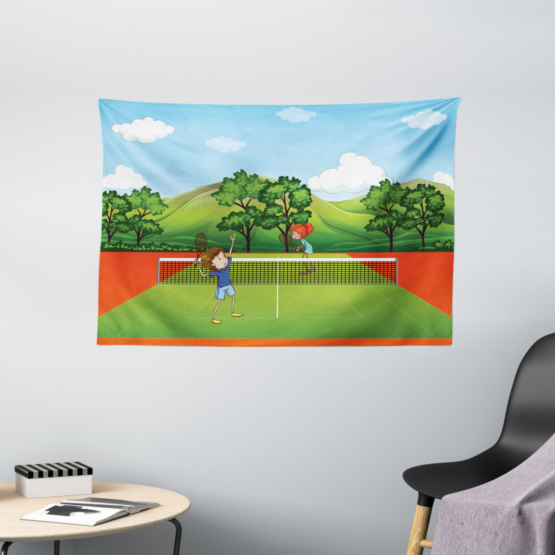 Friends Play Tennis Wide Tapestry