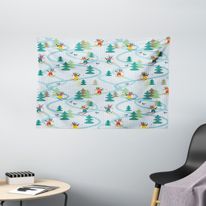 Skiing Raccoon Wide Tapestry