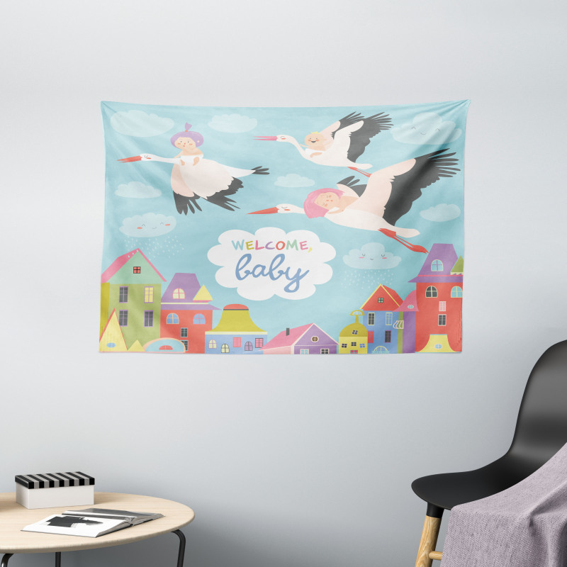 Cartoon Storks Wide Tapestry