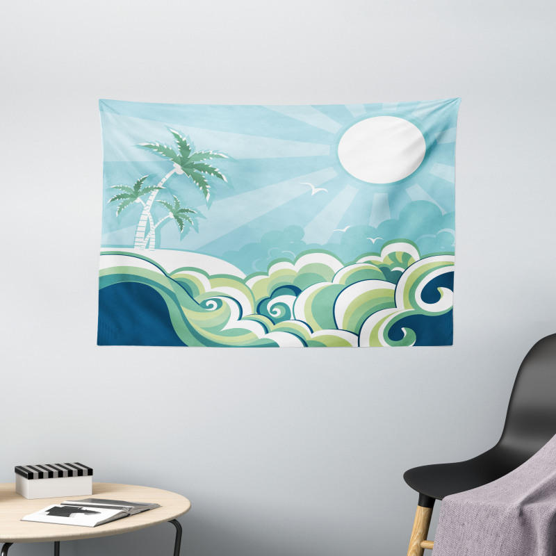 Wavy Sea Palm Trees Wide Tapestry