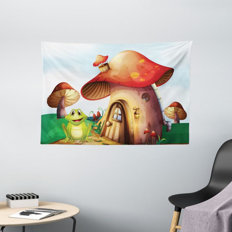 Cartoon Mushroom Houses Wide Tapestry