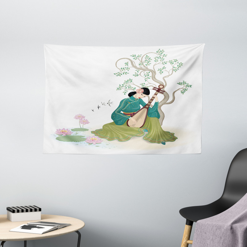 Woman Music Instrument Wide Tapestry