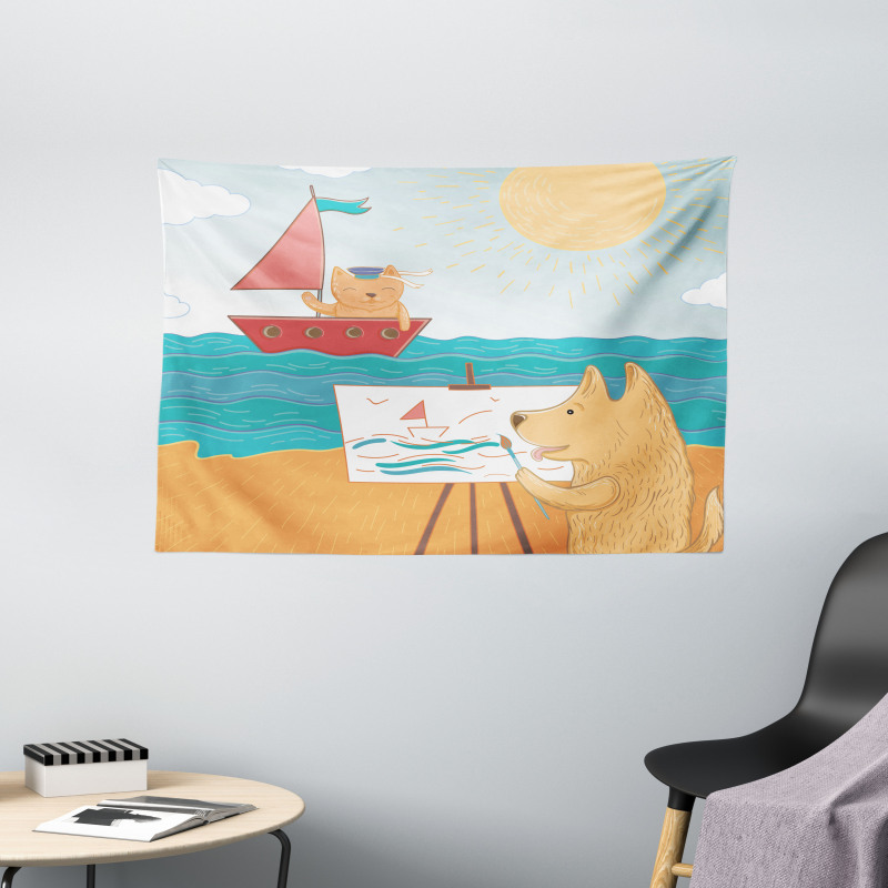 Summer Vacation Cat Dog Wide Tapestry