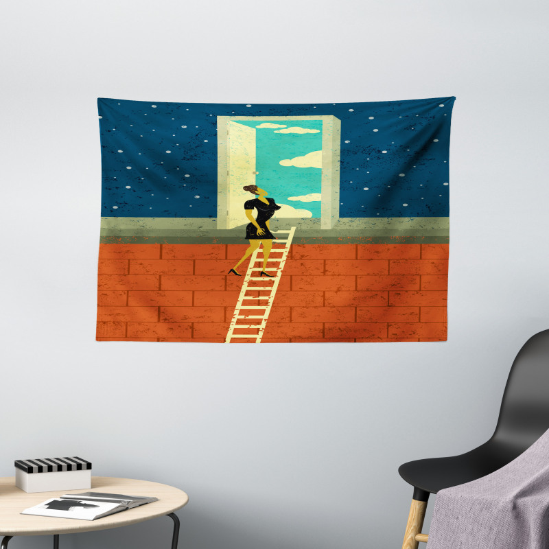 Woman on Ladder Wide Tapestry