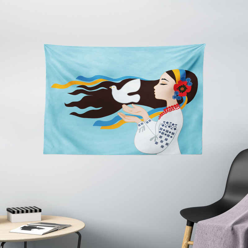 Girl with Peace Dove Wide Tapestry