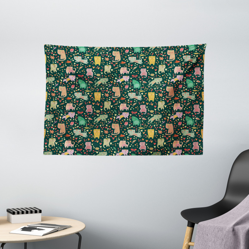 Nocturnal Theme Kittens Wide Tapestry