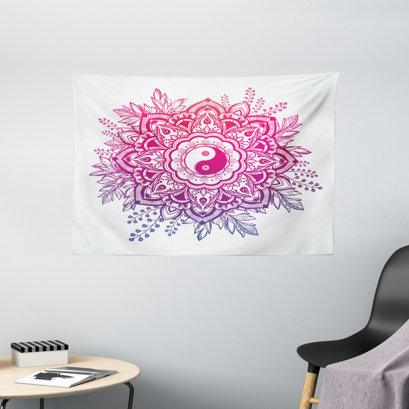 Floral Yin Yang Sign Wide Tapestry