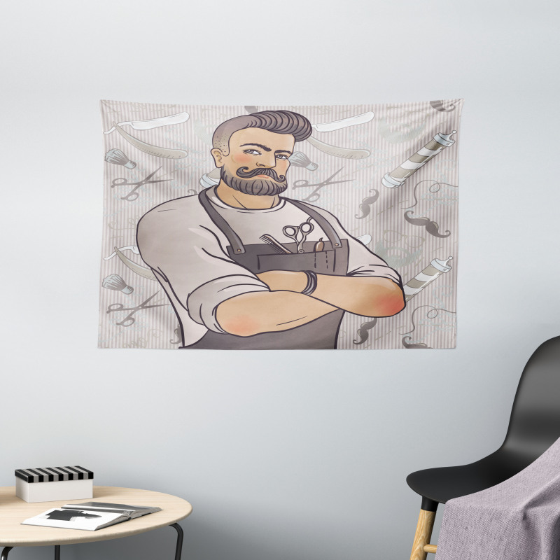 Muscular Barber Man Wide Tapestry