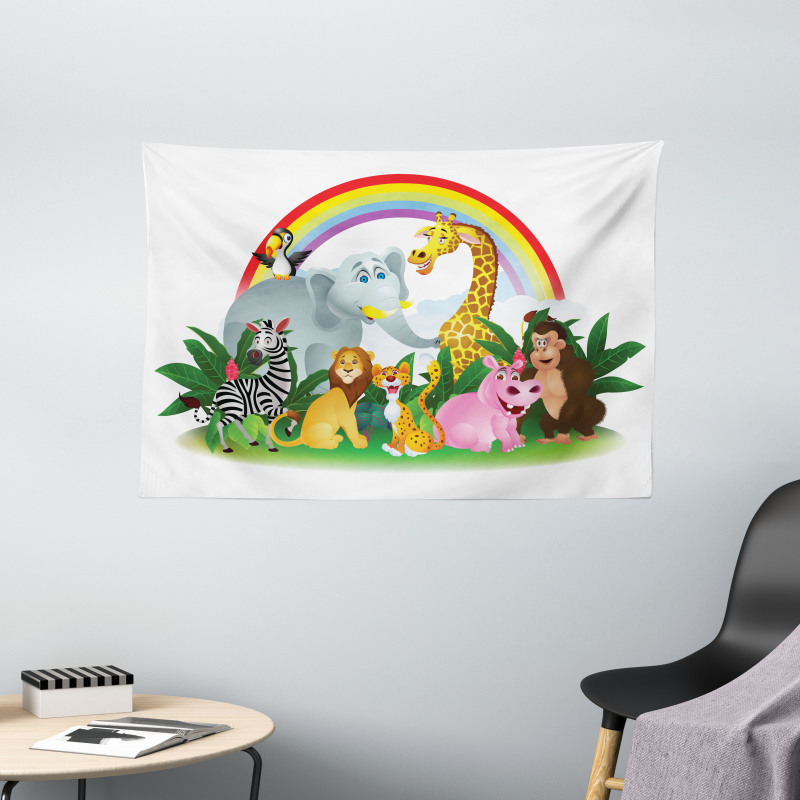 Animals Under Rainbow Wide Tapestry