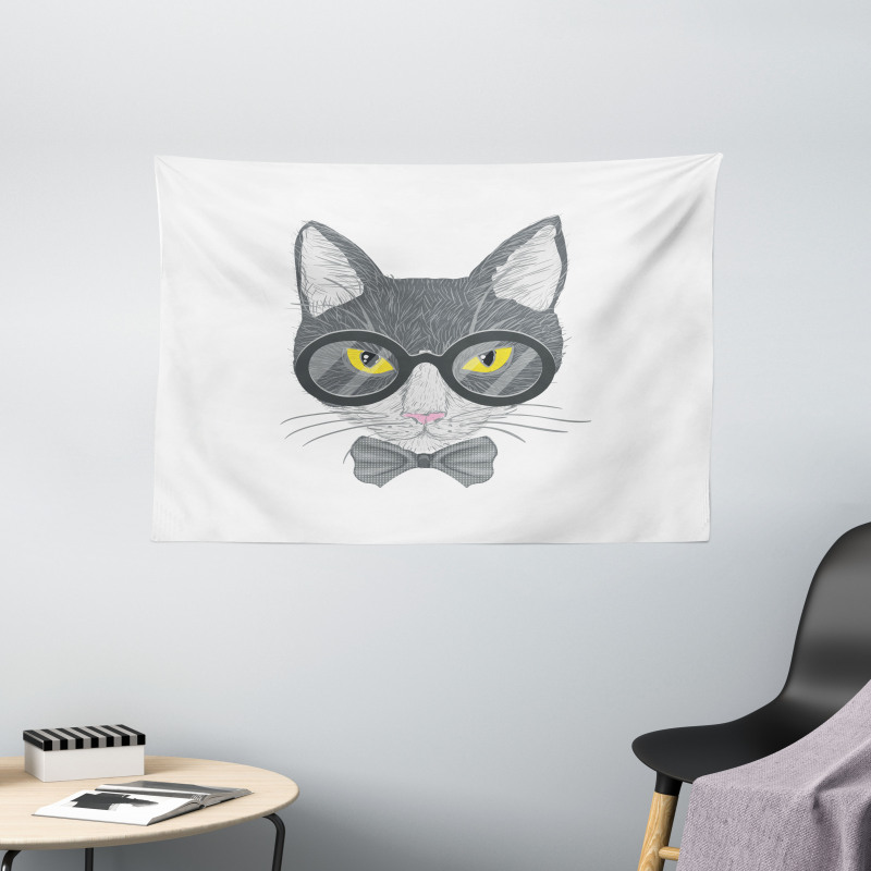 Greyscale Cat with Bowtie Wide Tapestry