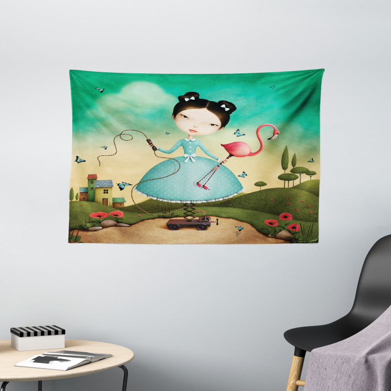Girl and Flamingo Toy Wide Tapestry