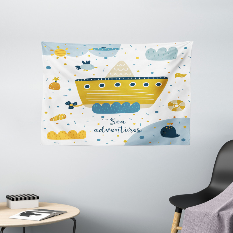 Ship and Puffy Clouds Wide Tapestry