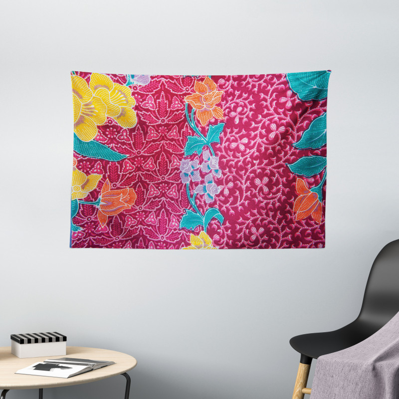 Colorful Blossoms Batik Wide Tapestry