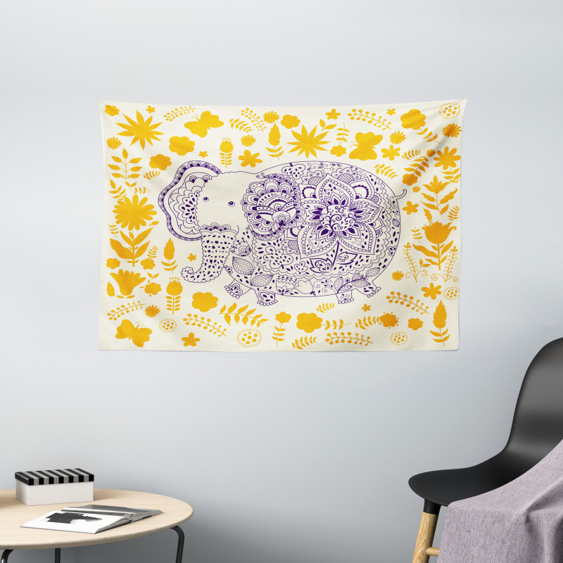 Floral Elephant Wide Tapestry