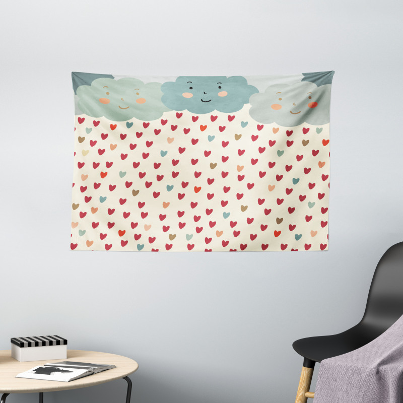 Hearts Raindrops Clouds Wide Tapestry