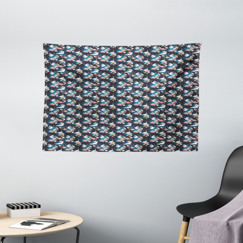 Cranes and Pinky Magnolia Wide Tapestry