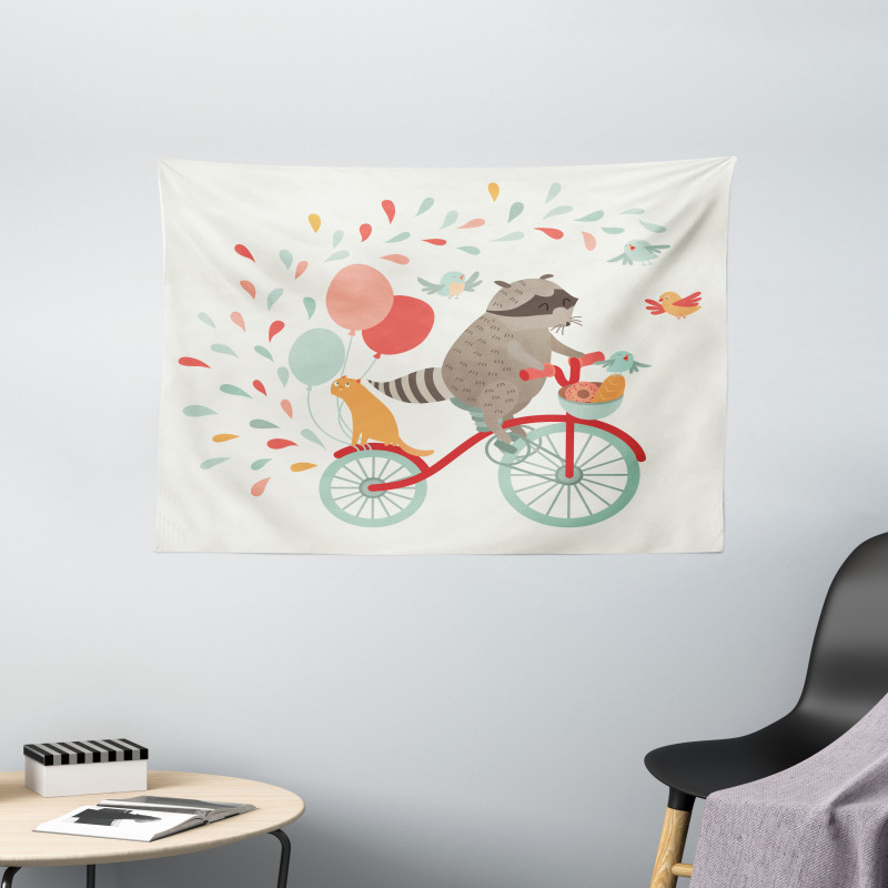Raccoon on Bicycle Wide Tapestry