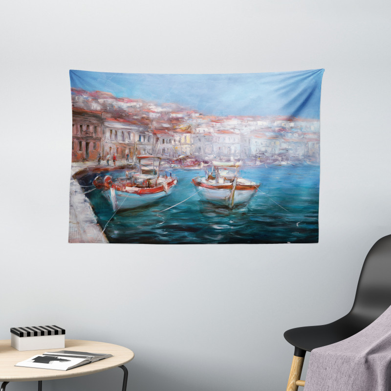 Fishing Boats on Shore Wide Tapestry
