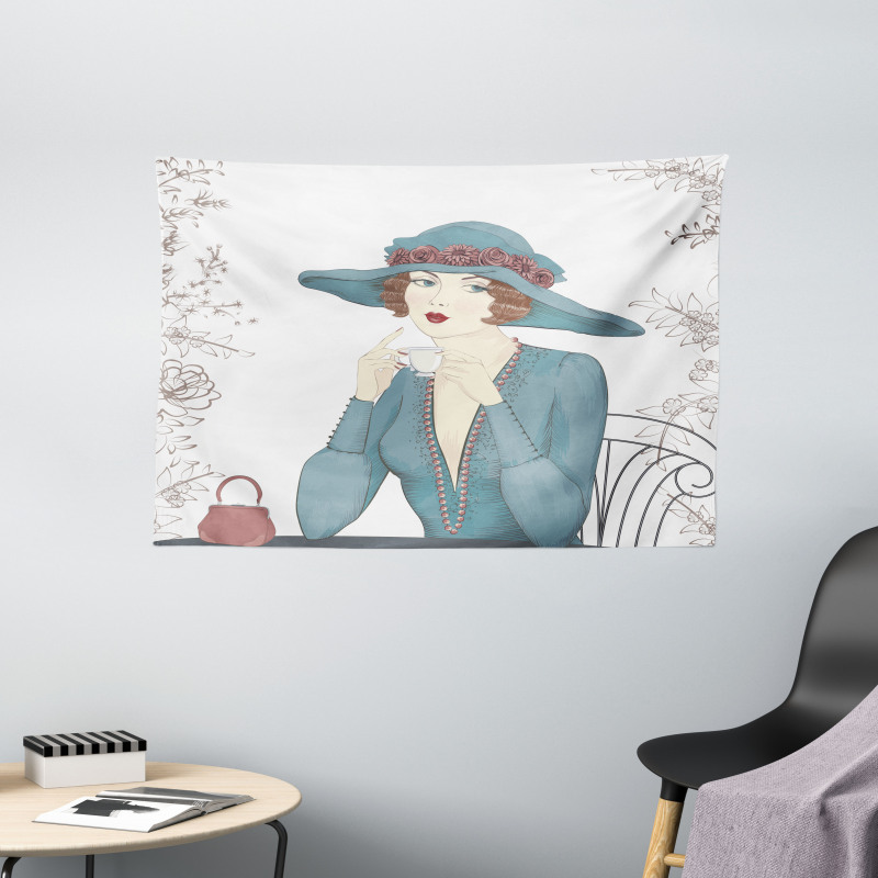 Woman at Cafe Wide Tapestry