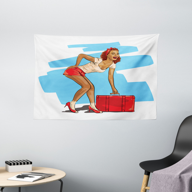 Girl and Suitcase Wide Tapestry