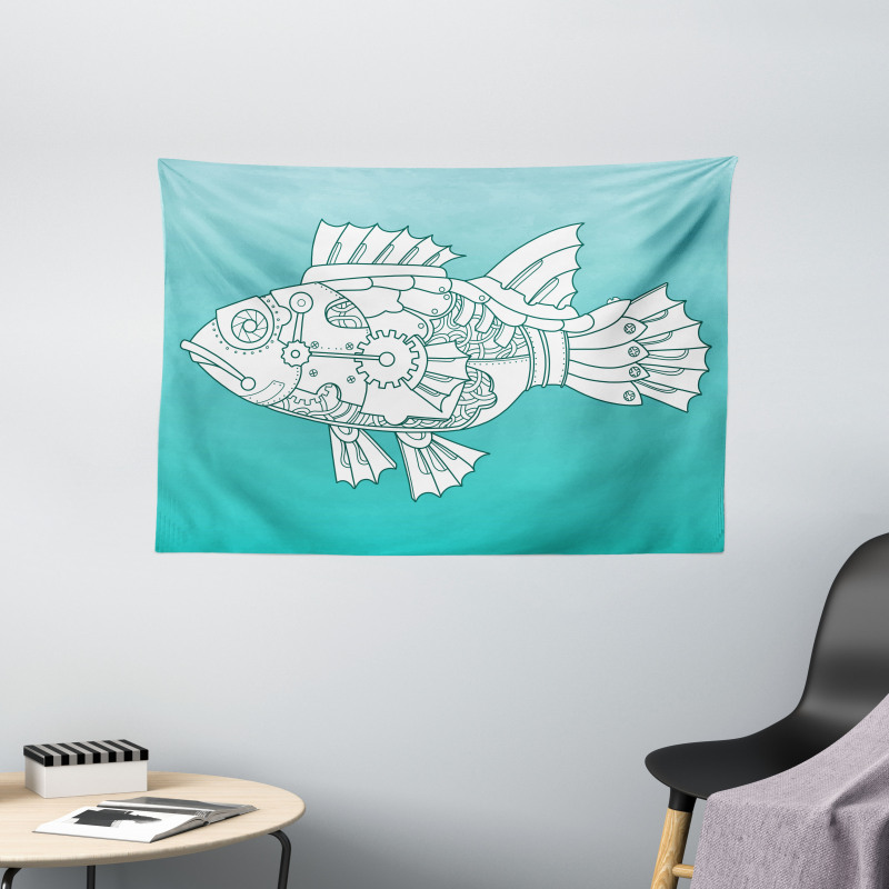 Doodle Mechanic Fish Wide Tapestry