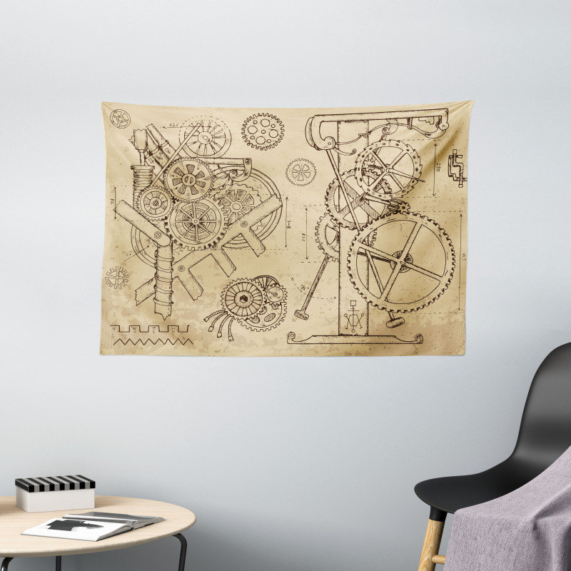 Hand-Drawn Machines Wide Tapestry