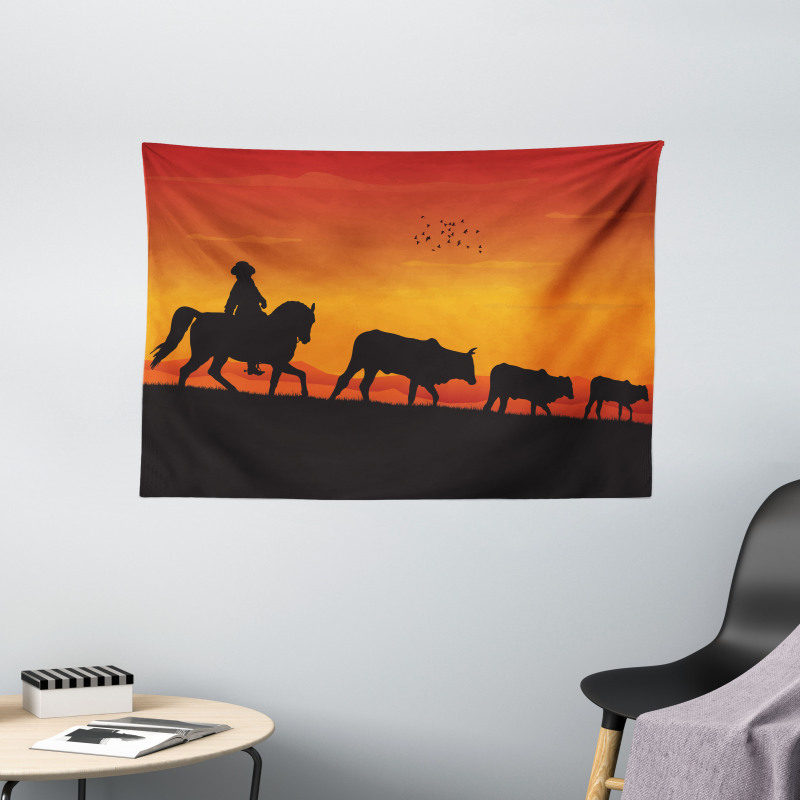 Silhouette Farm Cow Herd Wide Tapestry