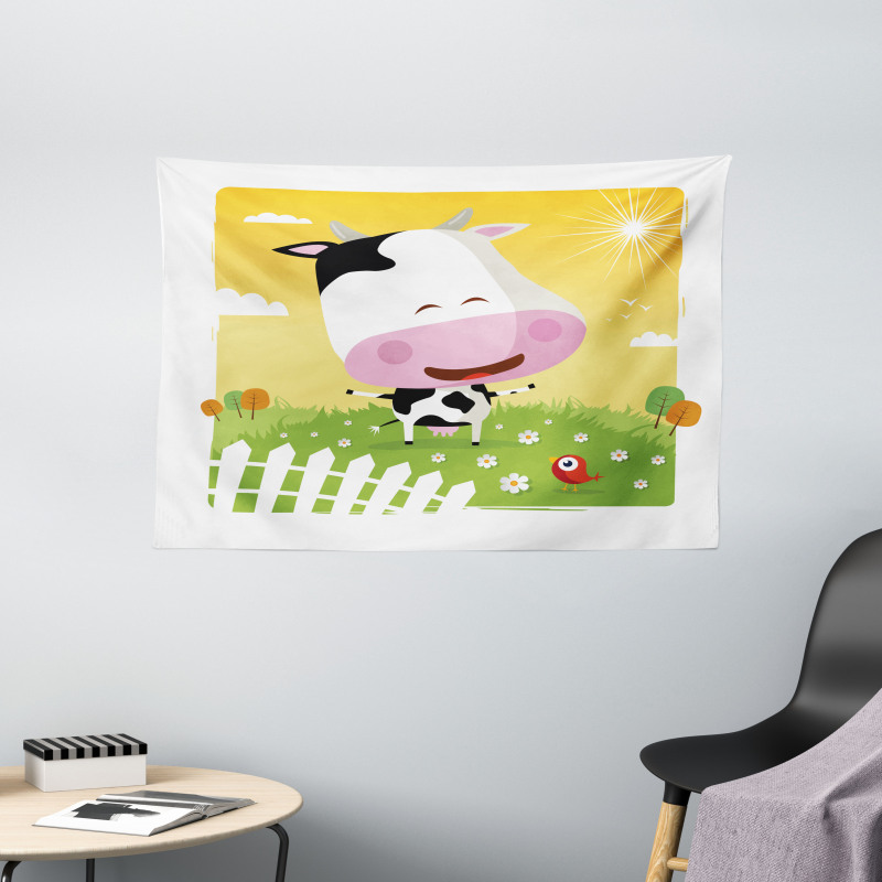 Happy Cartoon Cow Ranch Wide Tapestry