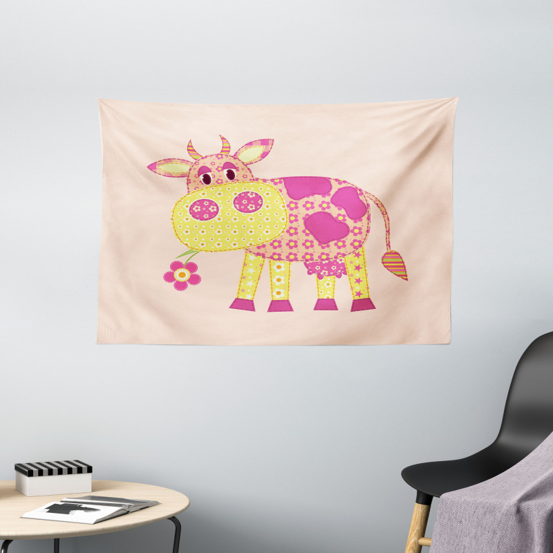 Childish Patchwork Cow Wide Tapestry