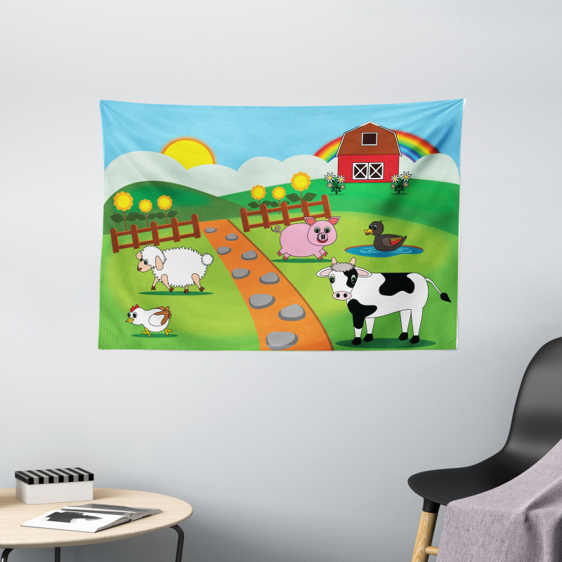 Cartoon Farmhouse Life Wide Tapestry