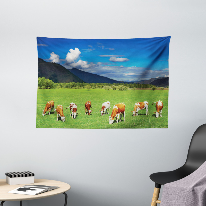 Mountains Grazing Cows Wide Tapestry