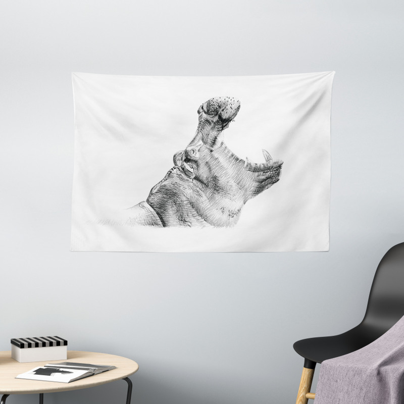 Yawning Hippo Sketch Wide Tapestry