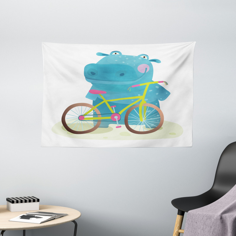 Hippo Child with Bicycle Wide Tapestry