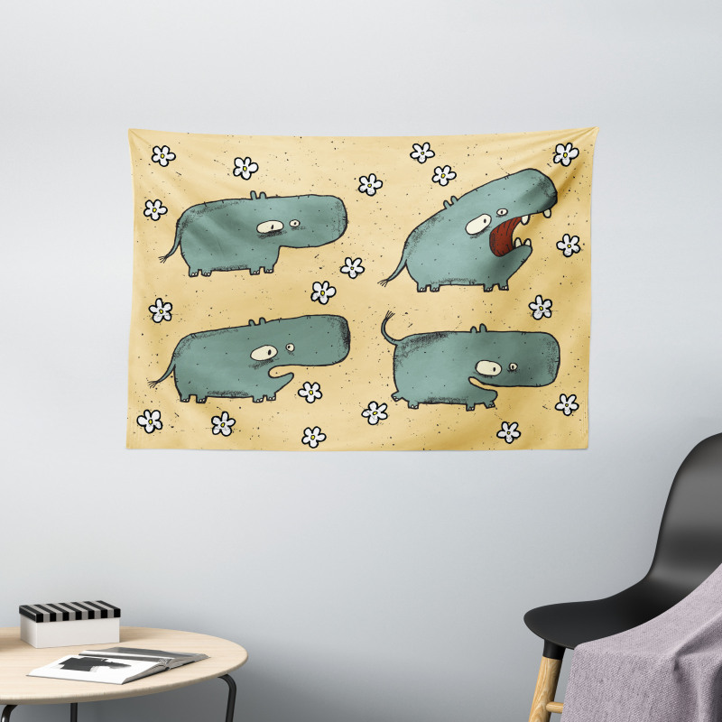 Comic Hippo Floral Grungy Wide Tapestry