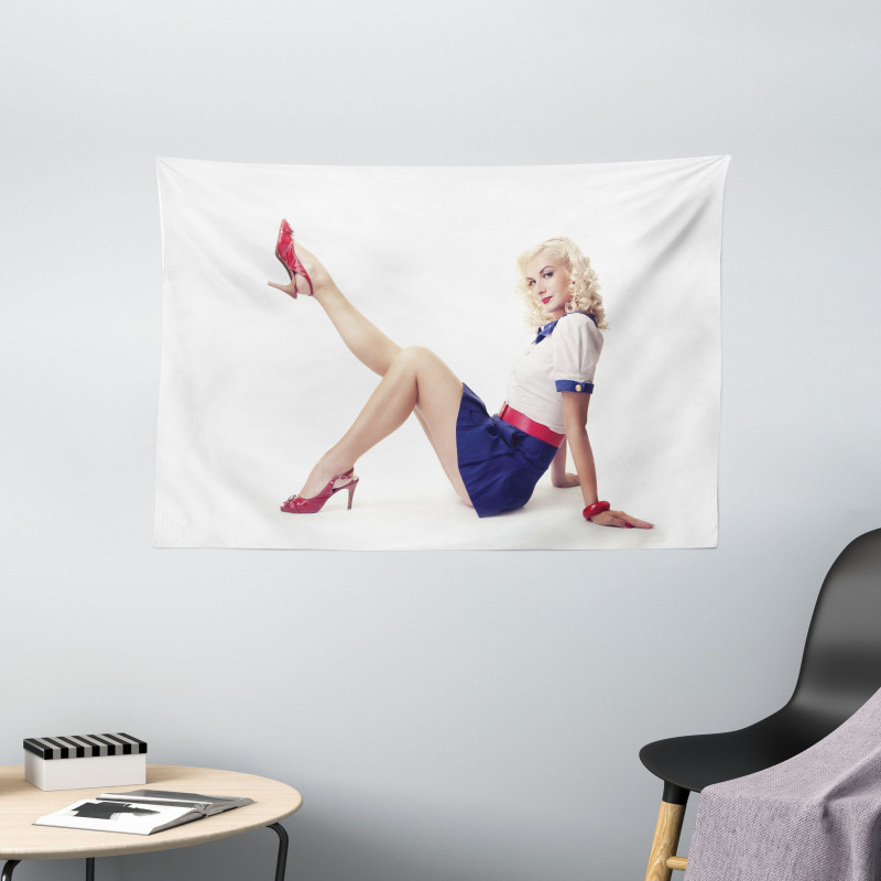 Lady in Navy Dress Wide Tapestry