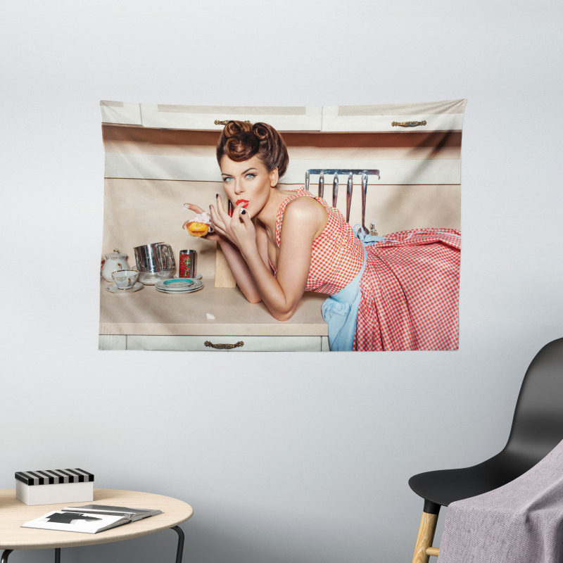 Girl Eating a Cake Wide Tapestry