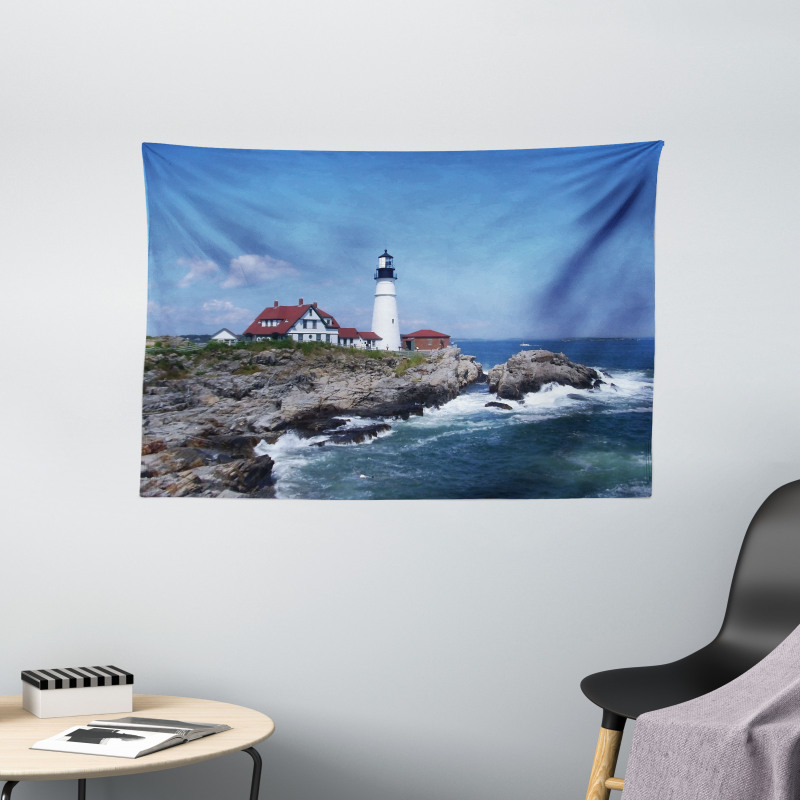 Lighthouse House on Rock Wide Tapestry