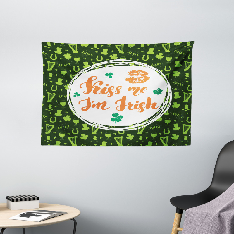 Kiss Me Im Irish Clovers Wide Tapestry