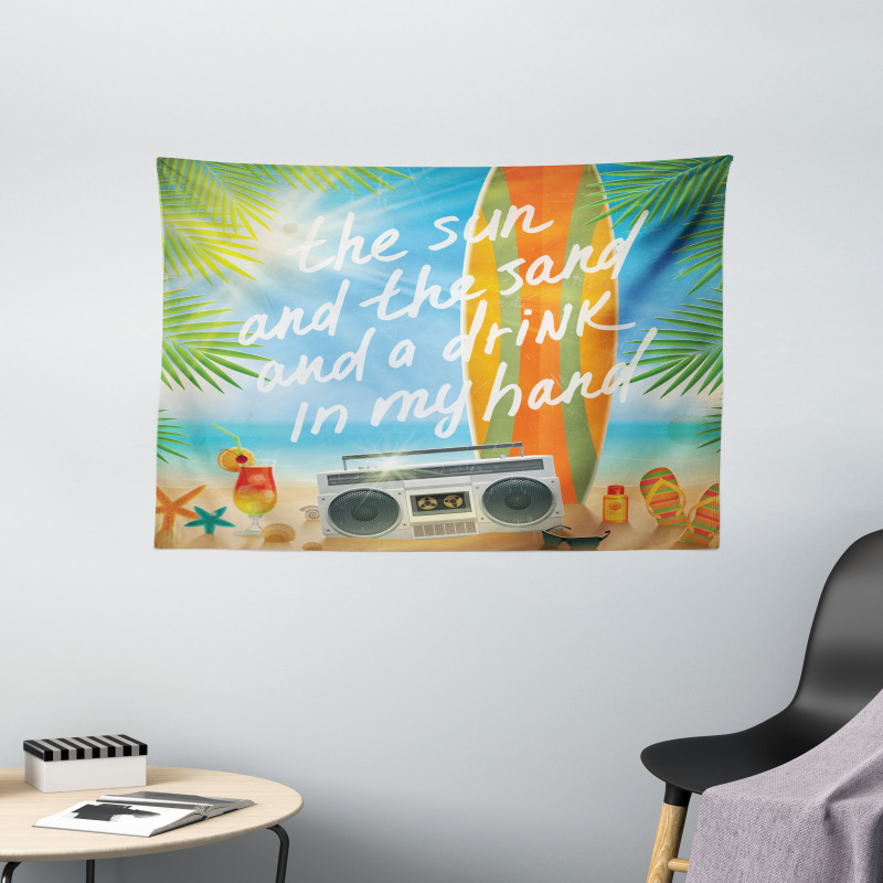 Tropical Beach Surfboard Wide Tapestry