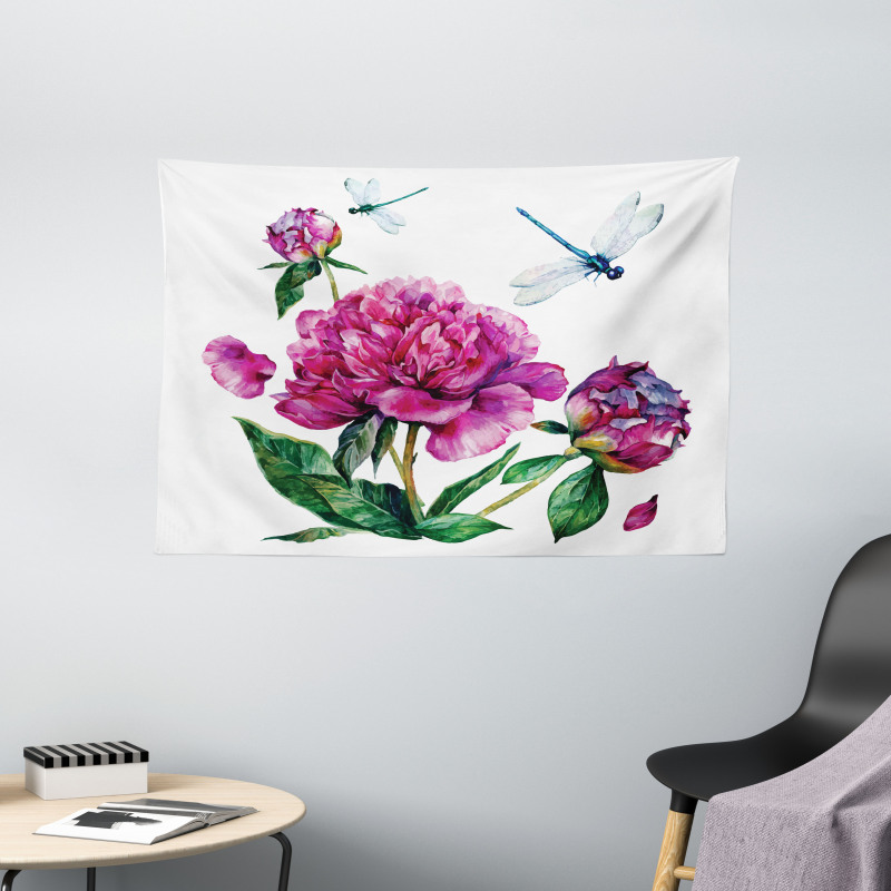 Peonies and Dragonflies Wide Tapestry