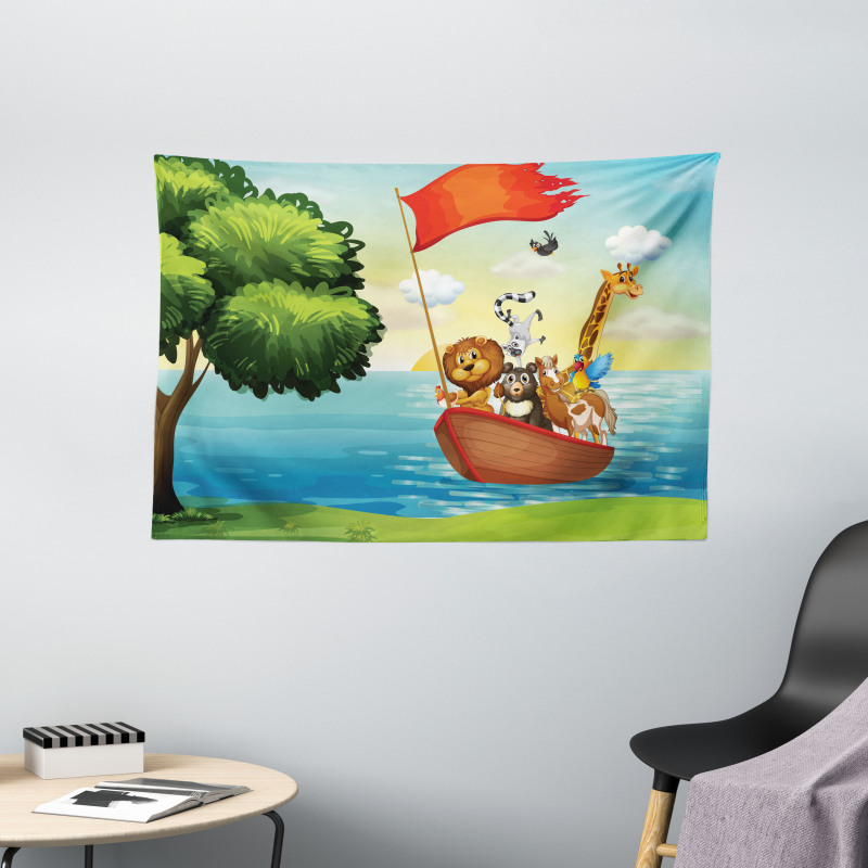 Funny Playful Animals Tree Wide Tapestry