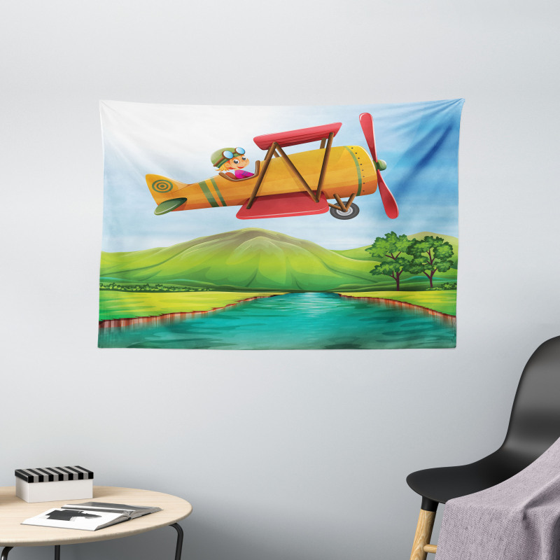 Kid on a Biplane River Wide Tapestry