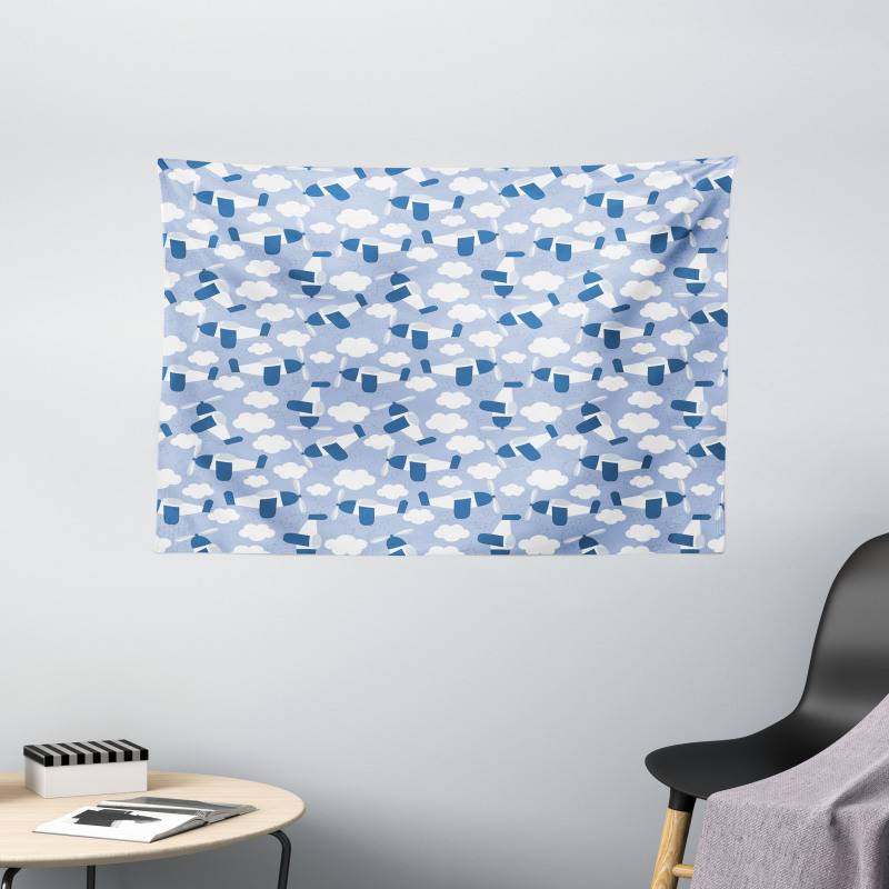 Retro Planes Clouds Wide Tapestry
