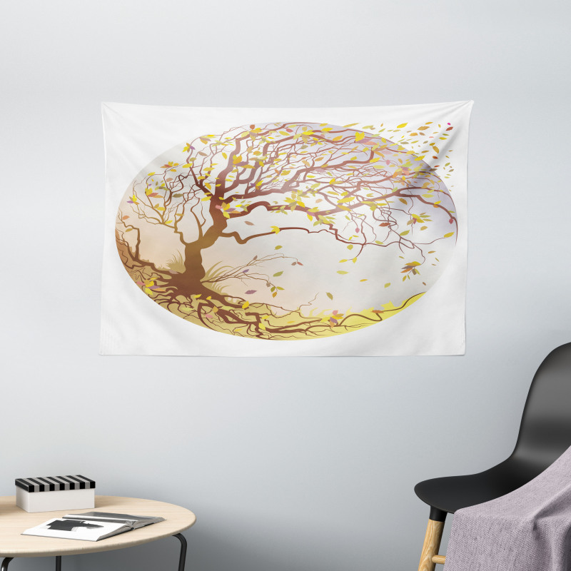 Tree Wind Flying Leaves Wide Tapestry