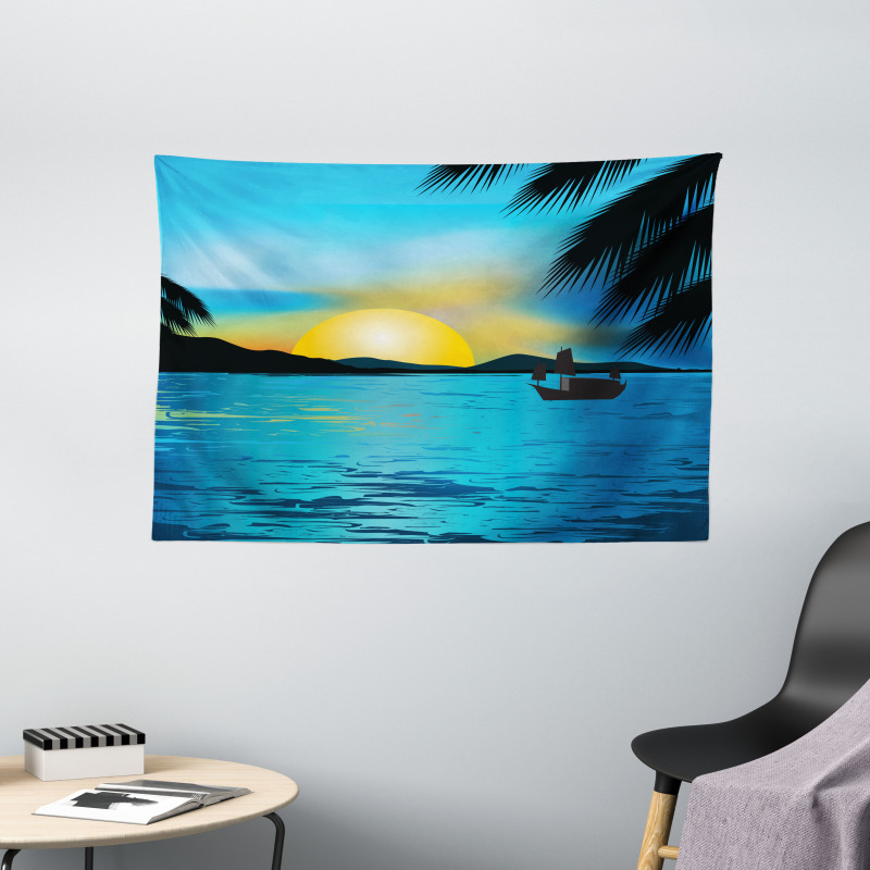 Calm Sunrise Fishing Boat Wide Tapestry