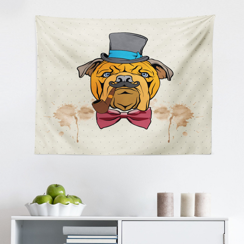 Bulldog Mikrofiber Geniş Duvar Halısı Pipo İçen Ciddi Köpek Kafası