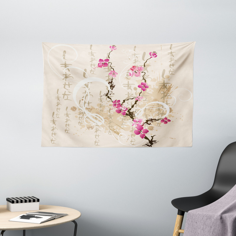 Letters Sakura Flowers Wide Tapestry