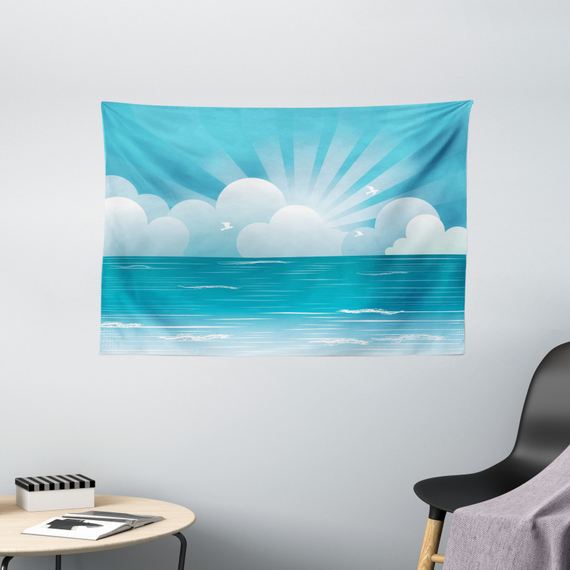 Rising Sun and Seagulls Wide Tapestry