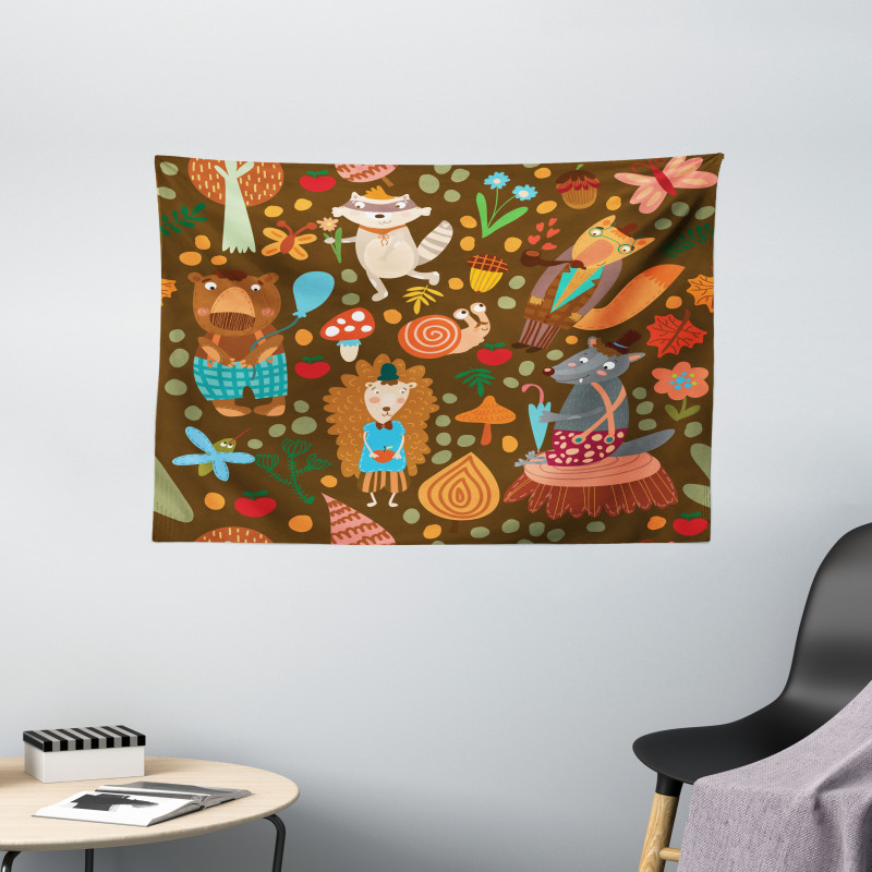 Raccoon and Butterfly Wide Tapestry